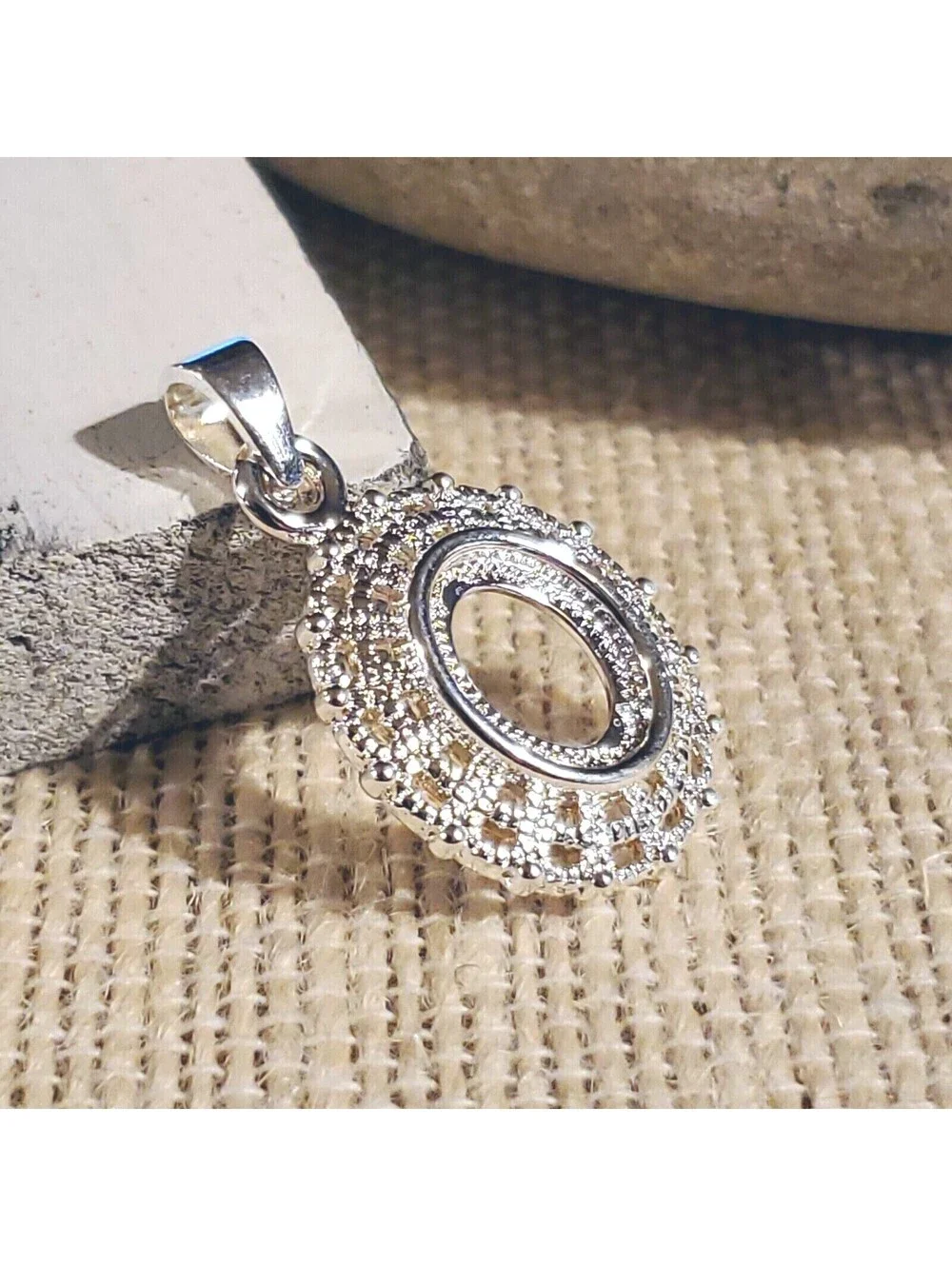 Sterling Silver Plated Art Nouveau Filigree 10x8mm Oval Cabochon Pendant Setting
